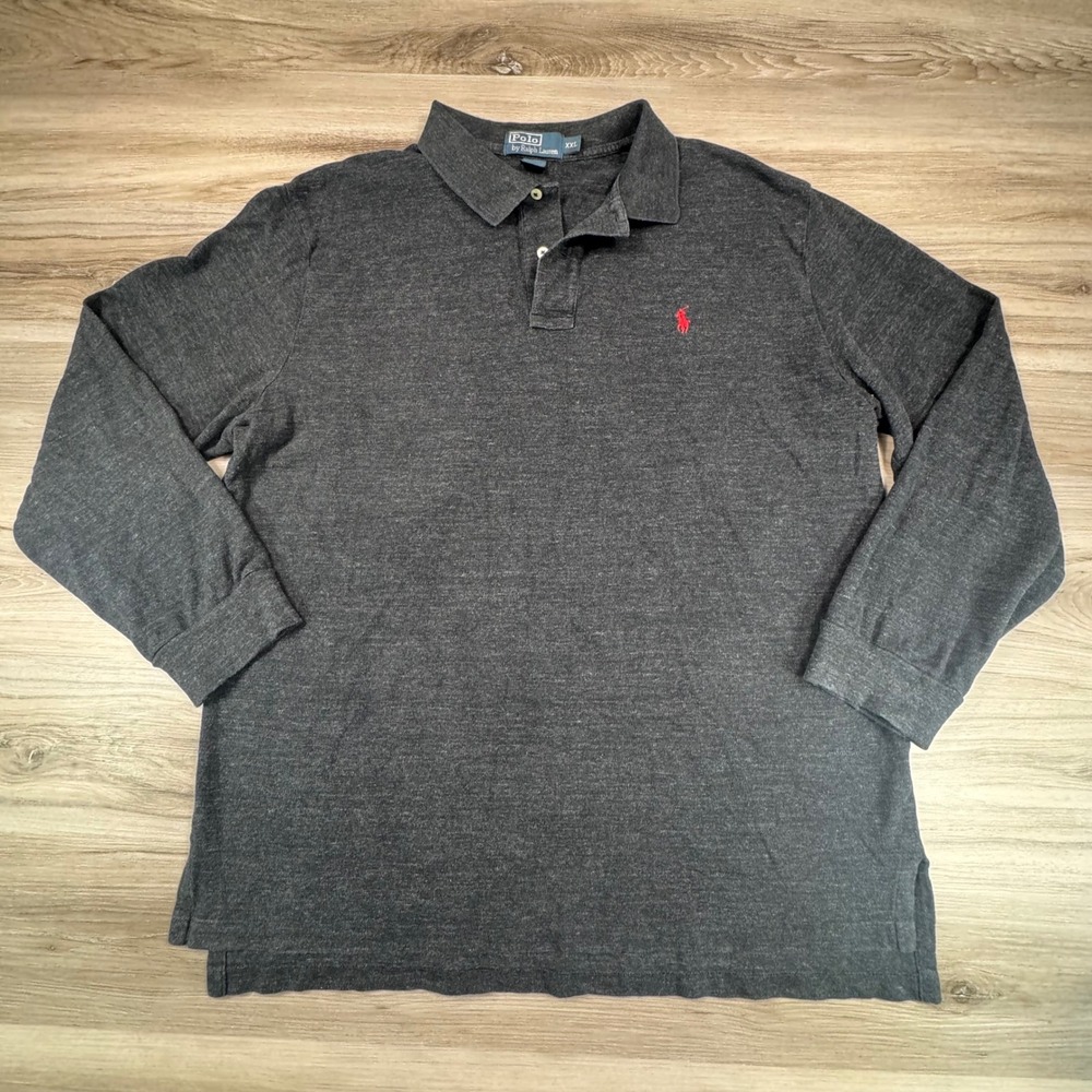 Polo Ralph Lauren Mens Long Sleeve Polo Shirt Charcoal Grey Heather XXL Red Pony